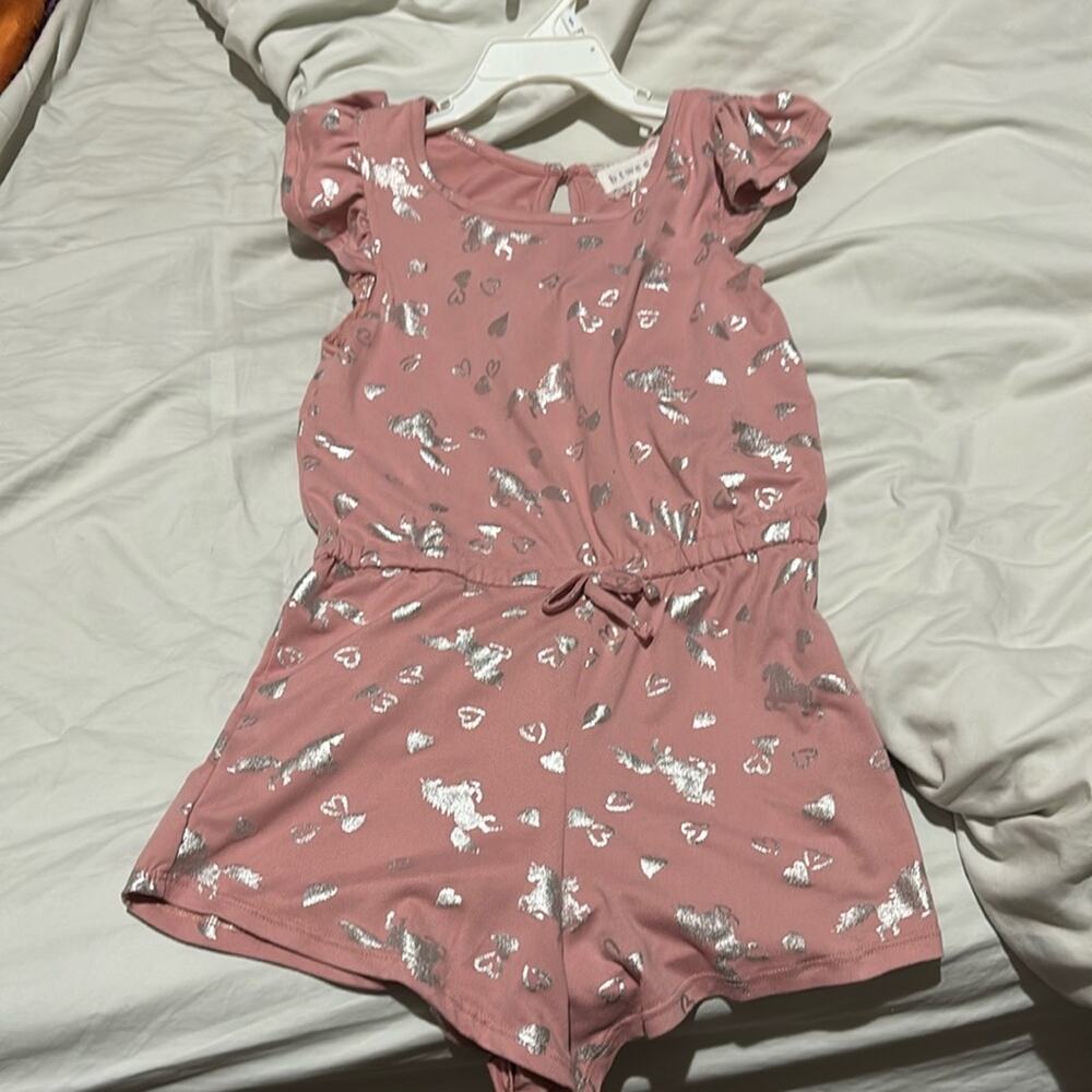btween 6x pale pink silver unicorn romper shorts elastic waist euc summer fun